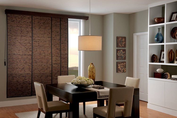 Sliding Panels with Cord Control, 1" Edge Banding in Jet 7000 and Privacy Liner in Espresso 0632 and 5.5" Regal Wood Cornice: Deep Cherry 1316