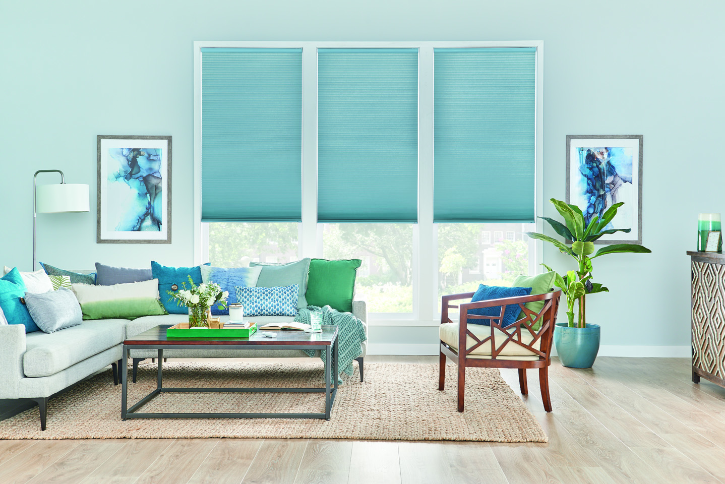 1/2" Double Cell Cellular Shades with Motorized Lift: Halo, Atlantic Blue 1566