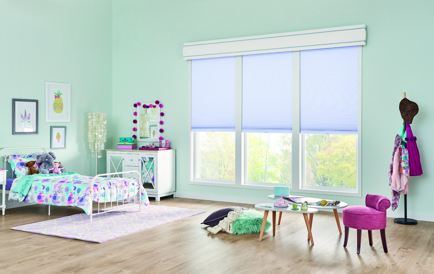 1/2" Double Cell Cellular Shades with Cordless Lift: Hideaway, Fresh Lavender 1473 with 12" Fabric-Wrapped Curved Cornice