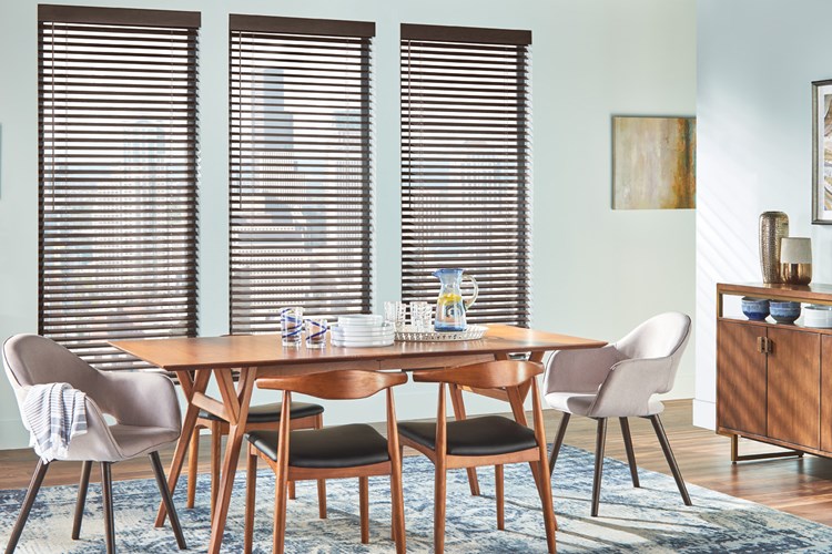 2" Wood Blinds with Cordless Lift/Wand Tilt: Chocolate Lava 1825 with 3 1/2" Modern Valance