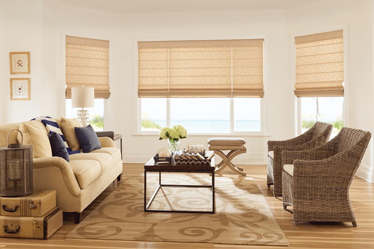 Flat Roman Shades with 6" Valance and 1″ Teardrop Crystal Bead Trim in Light Gold 202 and Motorized Lift: Damask, Warm Amber 3264; Square Pillows: Dover, Rainy Afternoon 3721