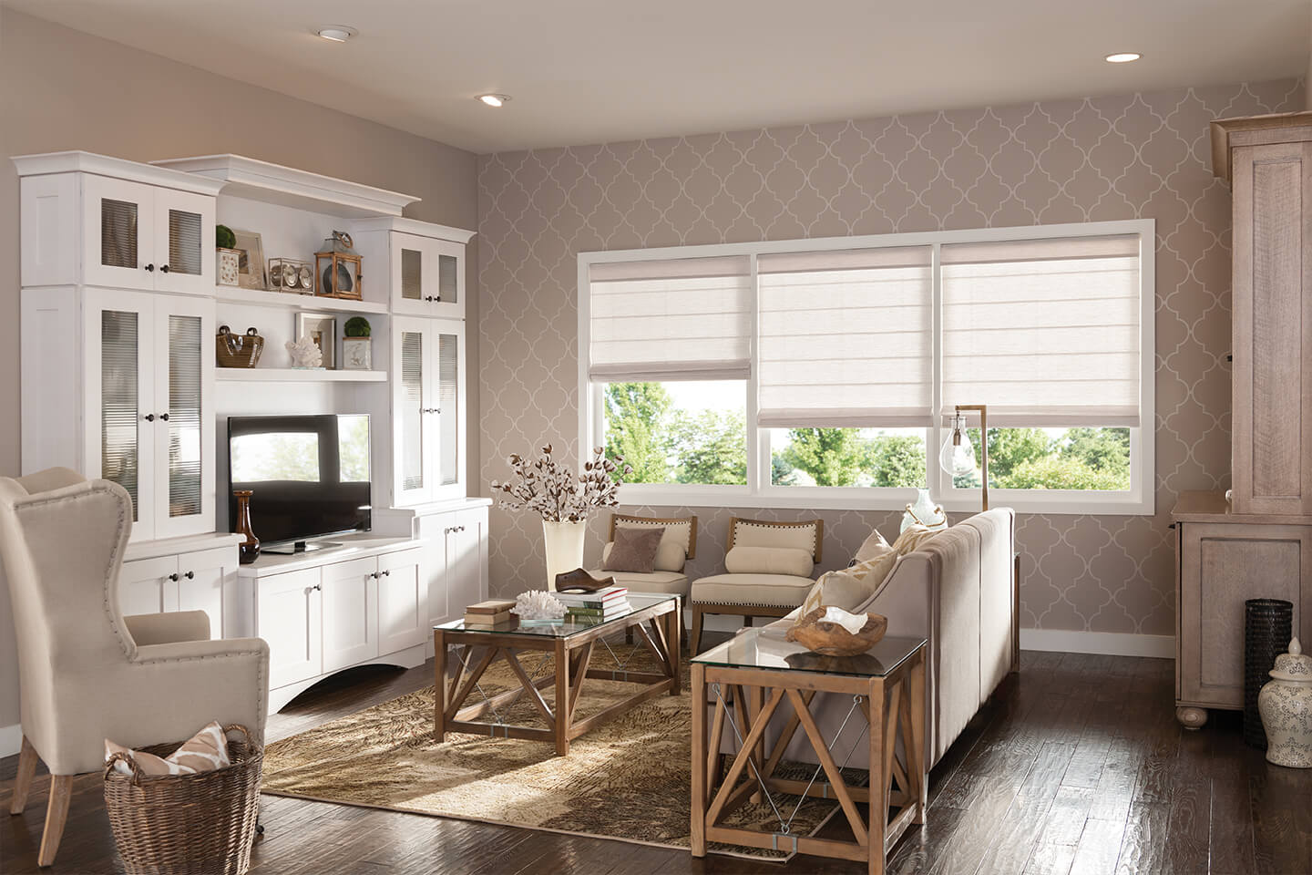 Flat Roman Shades with 6" Valance and Cordless Lift: Dunes, Pearl 3451